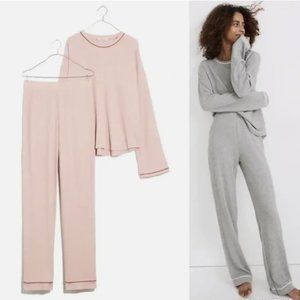 MADEWELL DOVE PINK LONG SLEEVE PIPPED WAFFLE KNIT PAJAMA SET